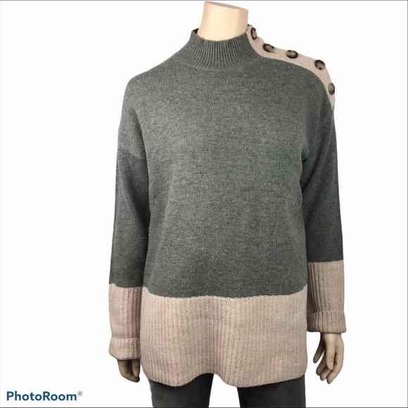 Max Studio Grey Beige Colour Block Knitted Mock Turtleneck Wool Blend Sw… - Picture 1 of 7